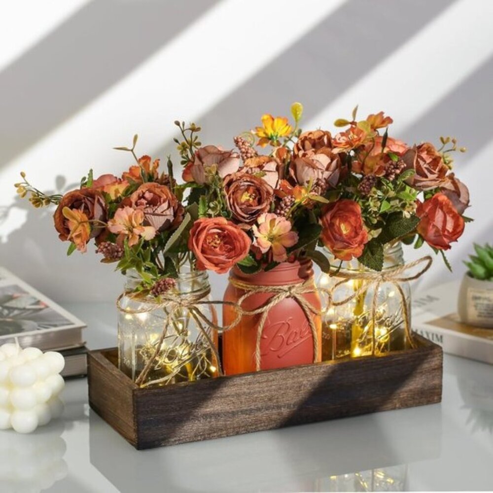 New 3-Piece Mason Jar Centerpiece for Dining Table with LED Lights for Decor